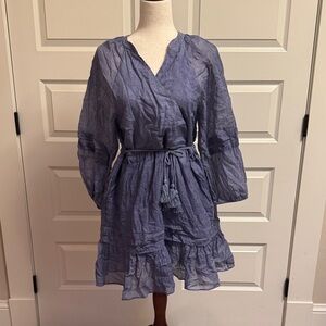 Margaret O'Leary Dusty Blue Wrap-Style Tiered Mini Dress with Tassel Belt